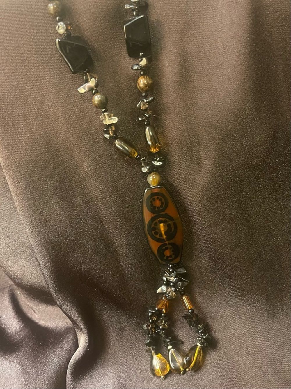 Beaded Brown and Black Pendant Necklace - Unbranded